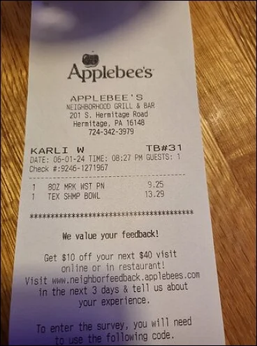 Applebee's neighborhood grill and bar purchase receipt