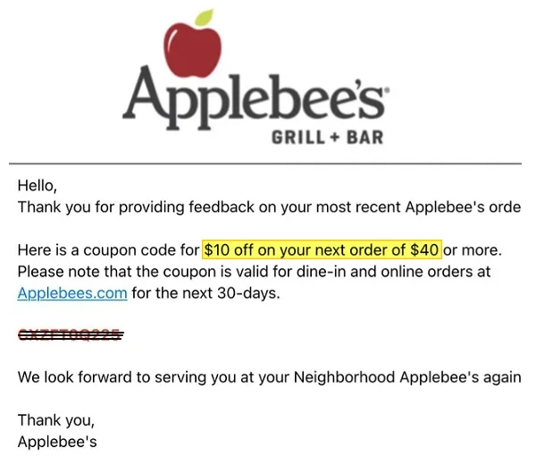reward coupon code of applebee's